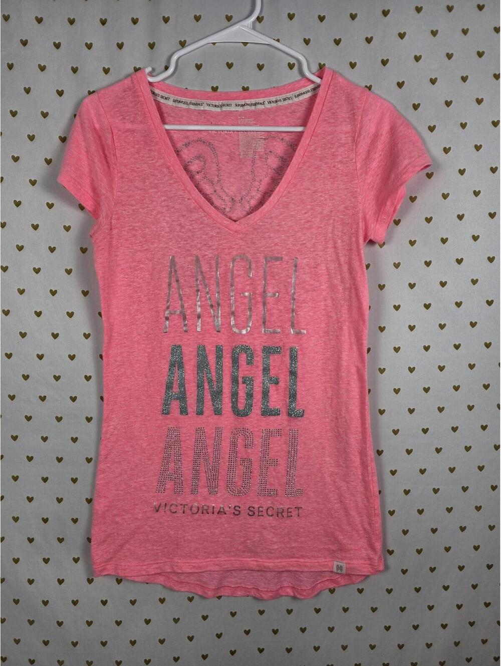 Victorias Secret ANGEL BLING WINGS Neon V neck SUPERMODEL ESSENTIALS Tee Shirt - Picture 1 of 9